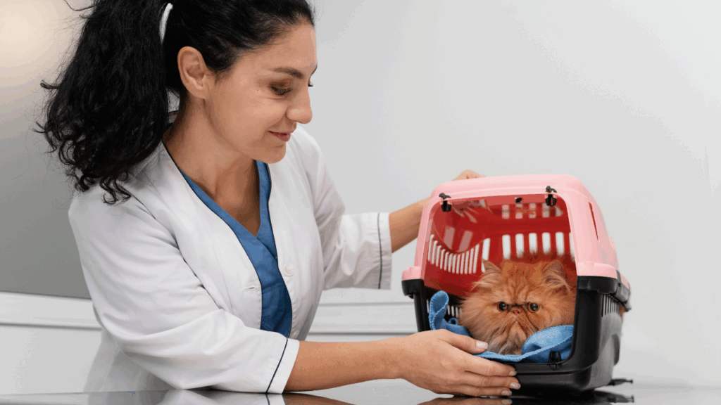 Veterinária cuida de gato dentro de caixa de transporte após procedimento cirúrgico.